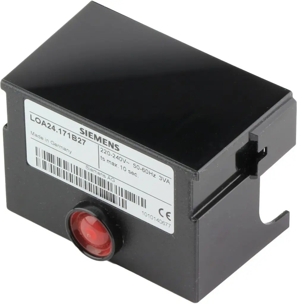 Schwarzer Elektronikbaustein von Bosch mit rotem Lichtindikator. Beschriftung mit technischen Daten und CE-Kennzeichnung auf der Vorderseite.